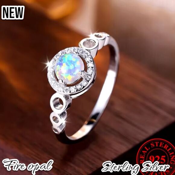 New .925 White Fire Opal Round CZ Crystal Vintage Wedding Engagement Ring - Picture 2 of 9